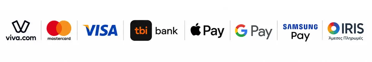 Τρόποι πληρωμής - Visa, Mastercard, Viva, tbi bank, Apple Pay, Google Pay, Samsung Pay και IRIS