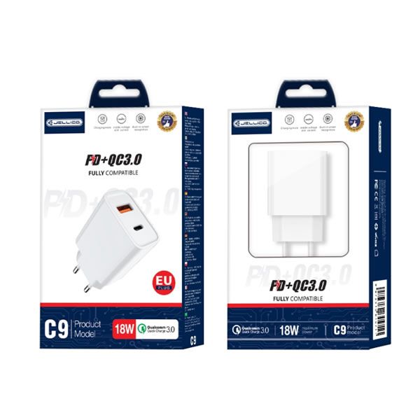 Φορτιστής κινητού JELLICO wall charger C9 PD 20W 1xUSB-C + 1xUSB QC3.0 White