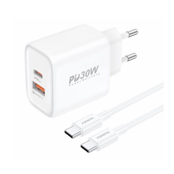 Φορτιστής Κινητού Foneng EU52 PD 30W 1xUSB-C + 1xUSB QC3.0 + cable USB-C to USB-C White