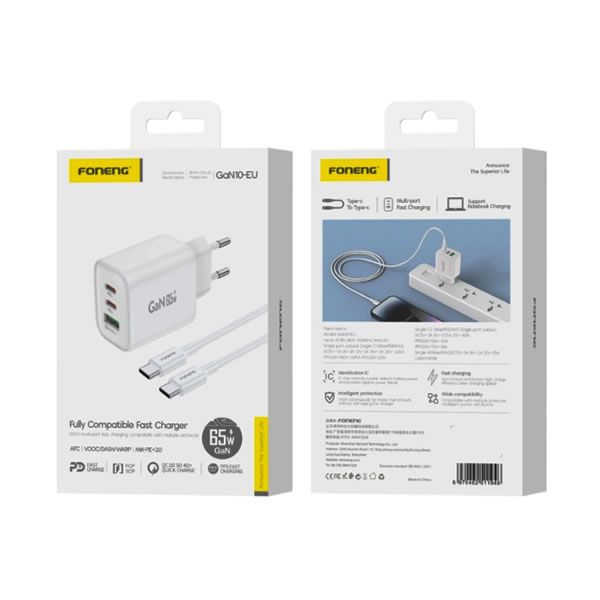 Φορτιστής Κινητού Foneng GaN10-EU PD 65W 2xUSB-C + 1xUSB QC3.0 + Καλώδιο USB-C σε USB-C White