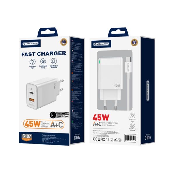 Φορτιστής Κινητού Jellico C107 GaN PD 45W 1xUSB-C + 1xUSB QC3.0 + καλώδιο USB-C σε USB-C λευκό