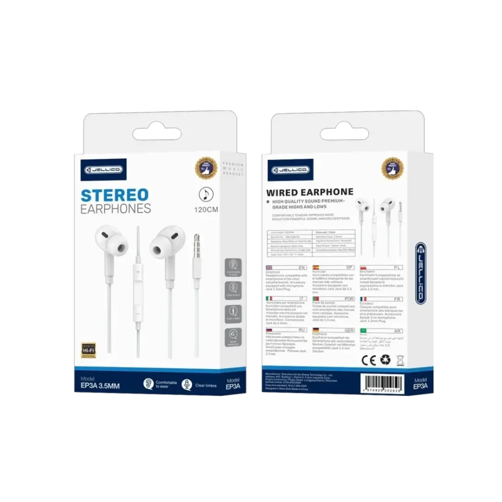 JELLICO Wired Earphones EP3A Jack 3.5mm with Microphone 1.2M - White